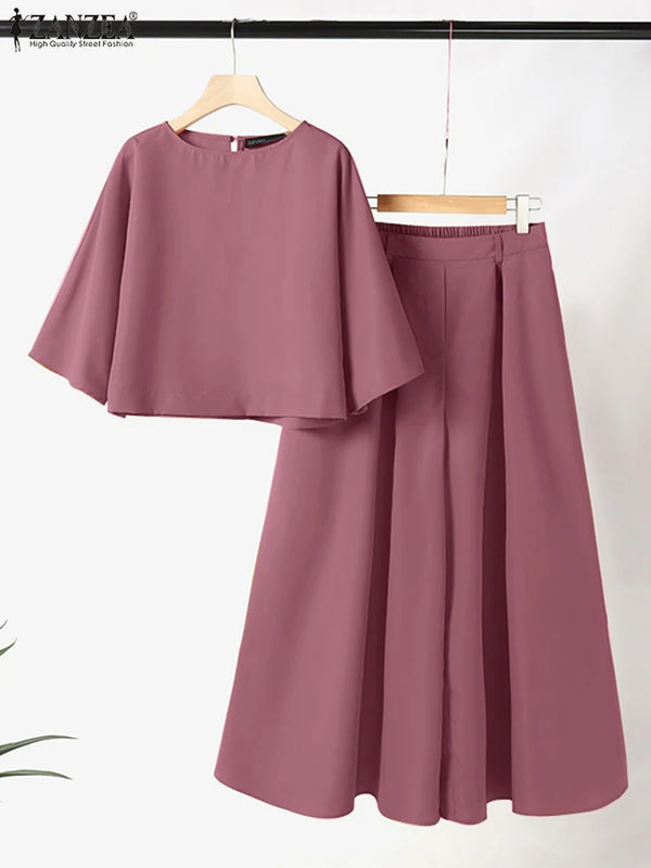 ZANZEA 2PCS Women Summer Pant Sets Casual Solid Work Outfits 3/4 Sleeve Blouse Wide Leg Trousers Suit 2025 Fashion Matching Sets