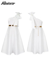 Mlaiscsr Woman One Shoulder Bow High Waisted Birthday Party Wedding Elegant A Line Pleated White Mid Dresses with Belt Outfits