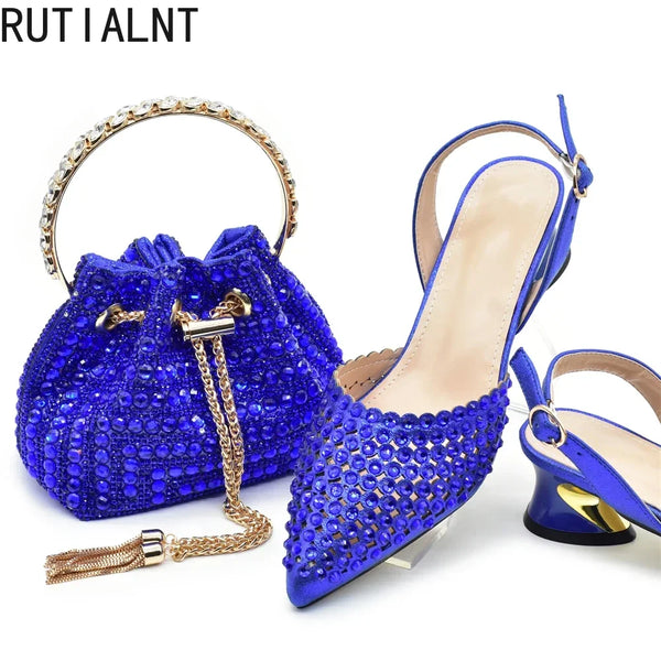 Italian Shoes with Matching Bags Set Decorated with Rhinestone African Shoes for Women Mid Heels Party Pumps  Plus Size Heels 43