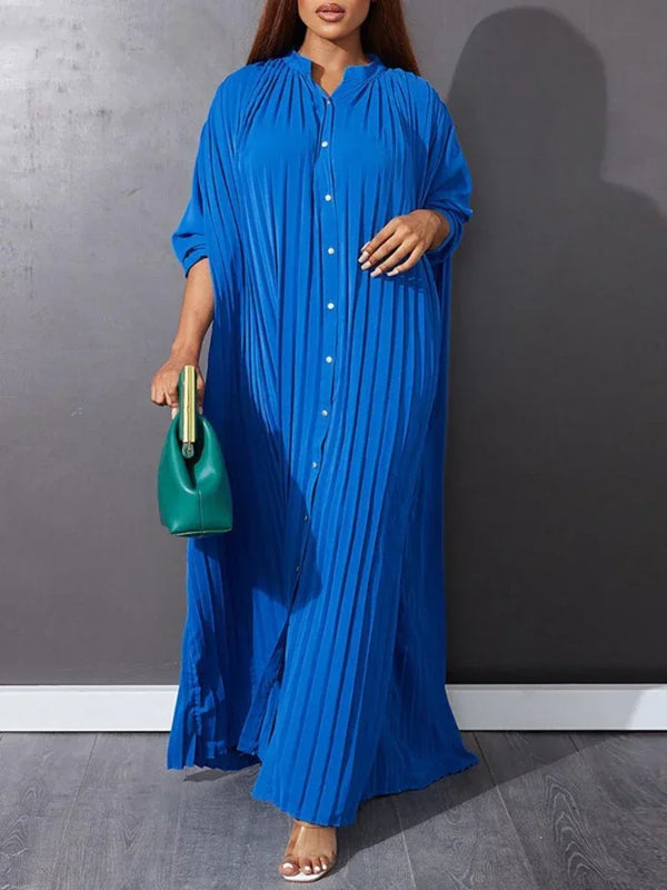 Autumn and Winter Fashion New Women's Loose Round Neck Single Breasted Pleated Temperament Obese Women's Long Sleeved Dress