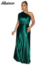Mlaiscsr Metallic Golden One Shoulder Sleeveless Pleated A-Line Long Dress Elegant Women Luxury Birthday Evening Gowns Vestidos