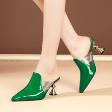 High Heel Slippers Pointed Toe Shoes Woman Elegant Mules Shoes Women Black Green Metal Heel Outdoors Womens Slippers Big Size
