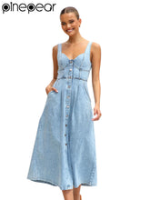PinePear Sleeveless Strap Dress Women 2025 Summer Single-Breasted Pockets Denim Dresses Woman Light Blue A Line Long Dress