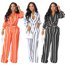 Women's Fashionable Strip Casual Two pieces Long Pants and Shirt