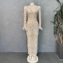 CM.YAYA Vintage Women Mesh See Though Crystal Feather Hem Long Sleeve Bodycon Midi Maxi Long Dress Sexy Party Club Dresses