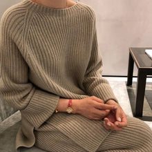 Women Elegant O Neck Loose Sweater and Wide Leg Knitting Trousers Suits Autumn Winter Two Piece Set Vintage Solid Jumper Outfits