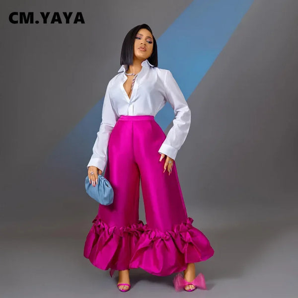 CM.YAYA Women Elegant Ruffles Hem High Waist Loose Wide Leg Flare Pants 2022 Summer Rose Red Black INS Trousers