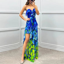 Women Sexy Strapless Ruffle Irregular Maxi Dress Spring Print Mesh Pleated Long Dress Summer Off Shoulder Backless Party Dresses