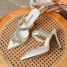Women's High HeelsTemperament Baotou Silk Wheat Ear Rhinestones Muller Semi-Trailer Pump Pointed Stiletto Sandals