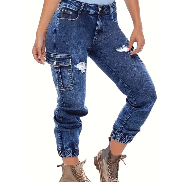Women's Distressed Stretch Cropped Denim Jeans-Fashionable Elastic Cuff, Multi-Pocket Casual Cargo Pants Sporty Wear Jeans T16