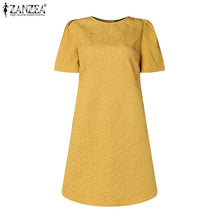 ZANZEA Korean Fashion Puff Sleeve Short Dresses Commute Elegant Solid Fitted Waist Party Robes Women Textured A-line Vestidos