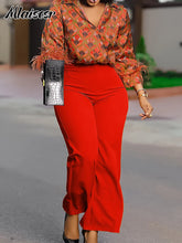 Mlaiscsr Elegant Print Feather Long Sleeve and Wide Leg Pants 2 Pieces Women Matching Sets Fashion Office Lady Birthday Outfits