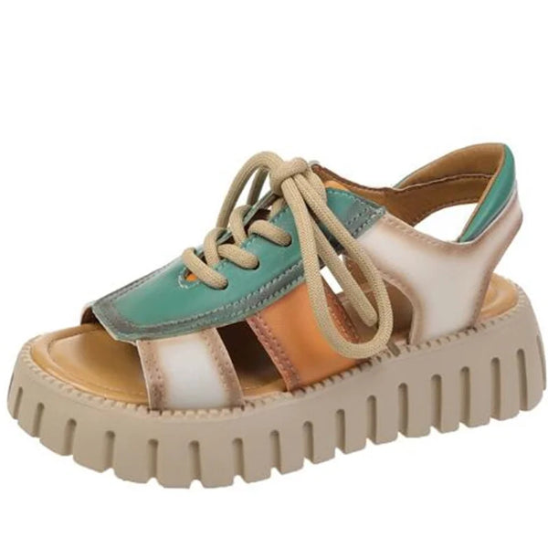 2024 New Lace-up Summer Fish Mouth Sandals Premium PU Spell Color Roman Shoes Woman Sandals Platform Wedges Increase Sandals