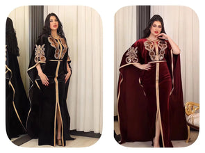 Ramadan Luxury Muslim Fashion Bat Sleeve Moroccan Turkiye Dubai Dress Middle East Arab Dress Sequins Golden Velvet Long Dress