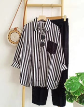 Women's Striped Cardigan Shirt Top and Pants Set Long Sleeve Pants Monochrome Casual 2024 Summer New 2-piece Set