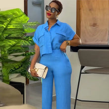 Casual Women's Solid Two Piece Sets Spring Summer Turn-down Neck Short Sleeve Loose Top & Wide Leg Pants Set Streetwear Outfits