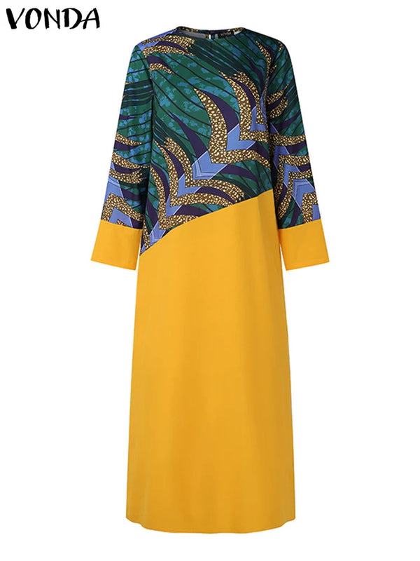 Plus Size 5XL VONDA Vintage Printed Women Maxi Dress Bohemian Patchwork Party Sundress Casual Loose Long Sleeve Robe Vestidos