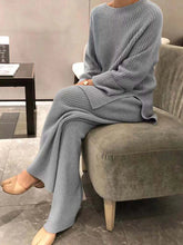 Women Elegant O Neck Loose Sweater and Wide Leg Knitting Trousers Suits Autumn Winter Two Piece Set Vintage Solid Jumper Outfits