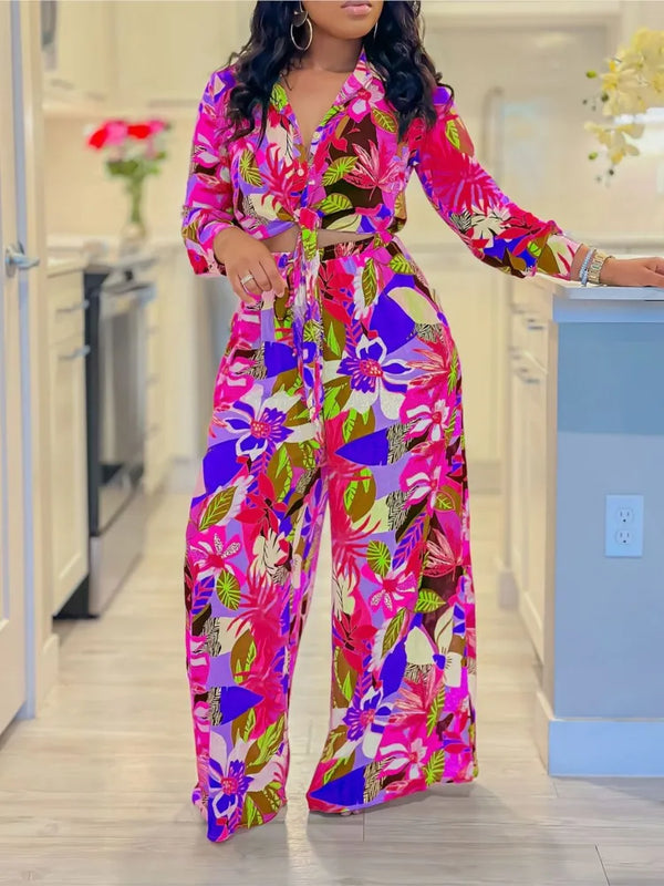 2024 Spring Summer New Long Sleeved Printed Suit For Women Fashion Lapel Single Breasted Shirt Wide Leg Trousers Two Piece Set