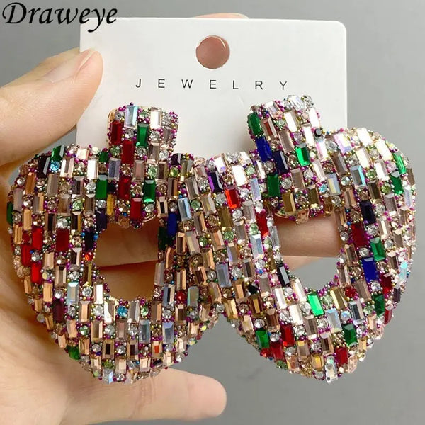 Draweye Colorful Rhinestones Stud Earrings for Women Hyperbole Hearts Hollow Out Party Jewelry Fashion Vintage Aretes De Mujer