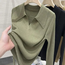 New 2025 Women's Turn-down Collar Long Sleeve Knitted Shirts Tops Solid Thin Sweater Female Elegant Knitwear Jumper Pullovers