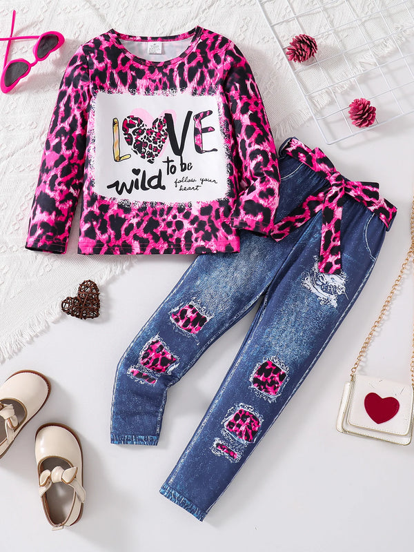 2-piece Spring and Autumn girls fashion set pink leopard print knit round neck cartoon print long sleeve + dark blue slim pants