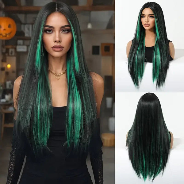 Long Black Green Mix Cospaly Wig Synthetic Hair High Quality Wig for Women Party Daily Use Heat Resistant Straight Natural Wigs