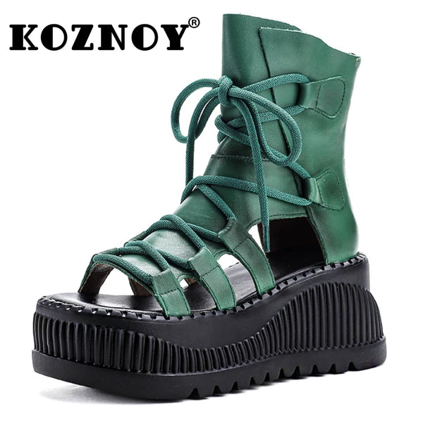 Koznoy 8cm Ethnic Cow Genuine Leather Ankle Booties Women Hollow Peep Toe Platform Wedge Breathable Zip Summer Fashion Shoes