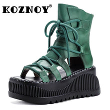 Koznoy 8cm Ethnic Cow Genuine Leather Ankle Booties Women Hollow Peep Toe Platform Wedge Breathable Zip Summer Fashion Shoes