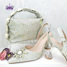 JMF New arrive Italian Design Blue Women's Fashion Rhinestone Pearl Point Toe Stiletto Heels Sandals Women's Shoes & Bag Set