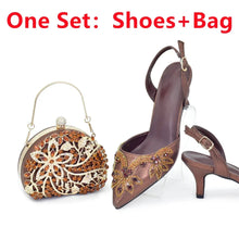 2025 New Designer Specials Italian Women Heels Shoes and Bag Set Coffee Colour Comfortable Women Pumps with Rhinestone for Party