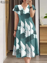 ZANZEA Summer Fashion Women's Printed Dress Short Sleeve V-Neck Robe Casual Holiday Sundress Elegant Fitted Wiast Vestidos 2025
