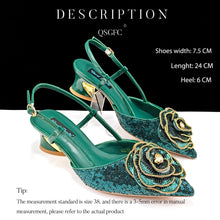 QSGFC Shiny Gold Color Shoes and Bag Elegant Handbags and Medium Heel Shoes Beautiful Handmade Flowers For Wedding Party