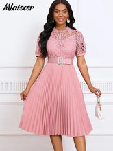 Mlaiscsr Elegant Luxury Wedding Guest Pleated Dresses with Belt Women O Neck Lace Patchwork Short Sleeve Birthday Party Robe New