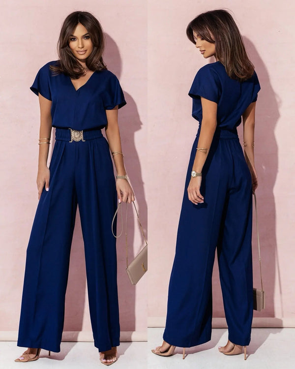 Fashion V-neck Short Sleeve High Waist Jumpsuit Women 2024 Summer Solid Wide Leg Elegant Romper Vintage Jumpsuits Overalls Women