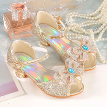 Summer Girls Sandals With Heel Fashion Rhinestone Shiny Glitter Shoes Children Princess Bowtie Dancing Shoes H876