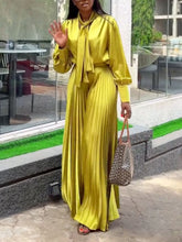 Two Piece Sets Women Outfits V Neck Lace Up Long Lantern Sleeve Tops Wide Leg Pleated Trousers Streetwear Party Causal Pant Sets