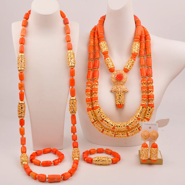 Natural coral beads orange necklace set for stylish Nigerian wedding couple African jewelry