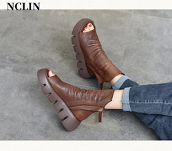 2024 New Summer Women Sandals Round Toe Chunky Heel Platform Shoes Genunine Leather Cover Heel GLADIATOR Sandals Women Handmade