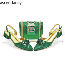 Ladies Shoe and Bag Set Latest Designers Low Heels Elegant Wedding Italian Shoes Bag Set Withn Rhinestone Green Shoe and Purse