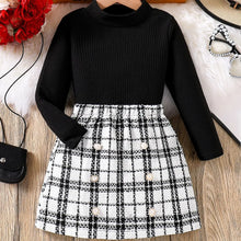 Spring and autumn fashion girls casual 2-piece micro elastic solid color knitted crew-neck long-sleeved top + plaid skirt