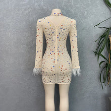 CM.YAYA Vintage Women Mesh See Though Crystal Feather Hem Long Sleeve Bodycon Midi Maxi Long Dress Sexy Party Club Dresses