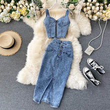 CM.YAYA Women Denim Sets Sleeveless Strap Crop Top and Long Skirts Suits 2024 Summer Jeans Streetwear Two 2 Piece Sets Outfits