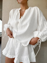 Fashion White Long Sleeve Shirts And Shorts Two Piece Sets Women 2025 Summer Cotton Casual Home 2 Piece Sets Women Outfit
