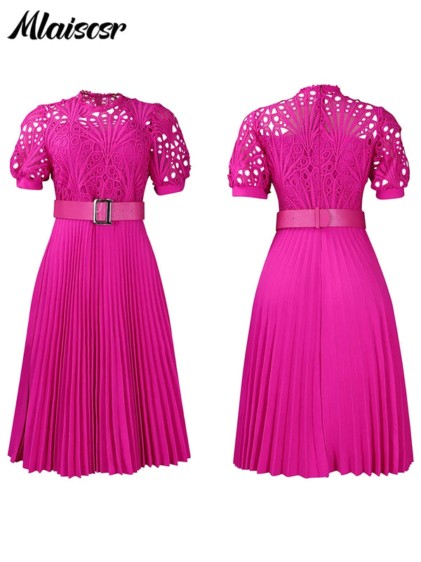 Mlaiscsr Elegant Luxury Wedding Guest Pleated Dresses with Belt Women O Neck Lace Patchwork Short Sleeve Birthday Party Robe New