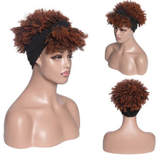 Short Kinky Curly Headband Wig Afro Puff Curly Headband Wig with Bangs for Women Natural Ombre Blonde Synthetic Turban Wrap Wig