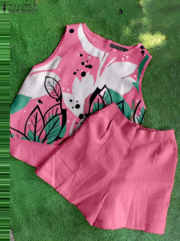 ZANZEA Casual Women 2-Pieces Sets Vacation Loose Floral Print Asymmetrical Hem Top Solid Shorts 2pcs Outfits 2025 Summer Suits