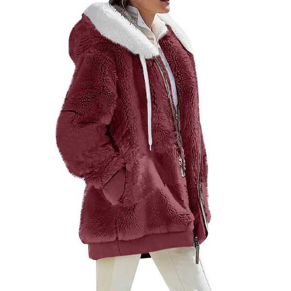 Women's Winter Fashionable Hooded Fleece Solid Color Jacket