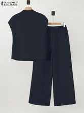 ZANZEA 2025 Summer Wide Leg Pants 2-Pieces Suits Elegant Commute Solid Causal Pant Sets Short Sleeve Shirt Women Trouser Outfits
