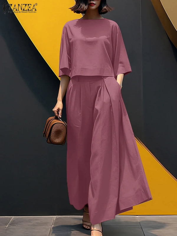 ZANZEA 2PCS Women Summer Pant Sets Casual Solid Work Outfits 3/4 Sleeve Blouse Wide Leg Trousers Suit 2025 Fashion Matching Sets